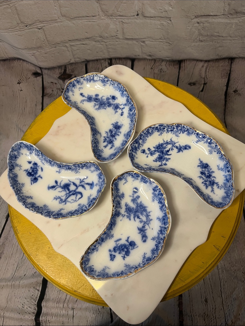 Antique Wedgwood & Co Semi Royal Porcelain Dorothy Blue White Bone Dishes Gold